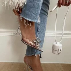 Levency Rhinestone Bow Clear High Heel Sandals New In