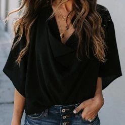 Levency New In Drape V Neck Bell Sleeve Blouse