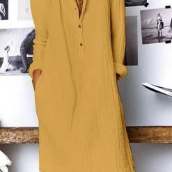 Levency Linen Button Pockets Long Sleeve Dress