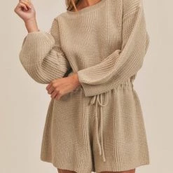 Levency O Neck Puff Long Drawstring Sweater Romper