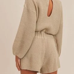 Levency O Neck Puff Long Drawstring Sweater Romper