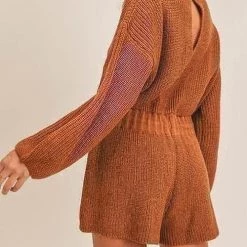 Levency O Neck Puff Long Drawstring Sweater Romper
