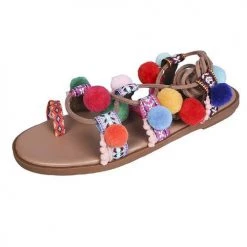 Levency New In Pom Pom Lace Up Flat Sandals