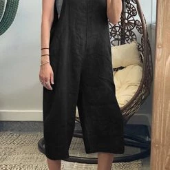 Levency Solid Pockets Loose Capri Overall New In