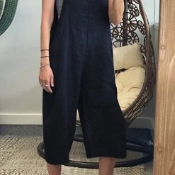 Levency Solid Pockets Loose Capri Overall New In