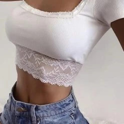 Levency Lace Patchwork Square Neck Crop T Shirt New In