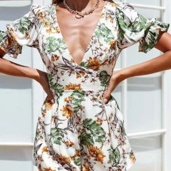 Levency New In Flower Print Deep V Neck Backless Romper