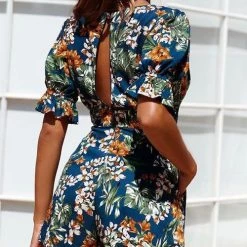 Levency New In Flower Print Deep V Neck Backless Romper