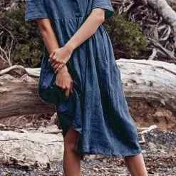 Levency Solid Button O Neck Midi Dress New In