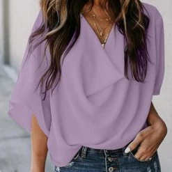Levency New In Drape V Neck Bell Sleeve Blouse