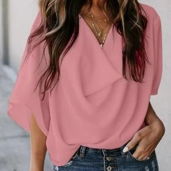 Levency New In Drape V Neck Bell Sleeve Blouse