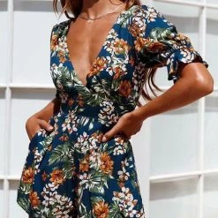 Levency New In Flower Print Deep V Neck Backless Romper