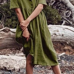 Levency Solid Button O Neck Midi Dress New In