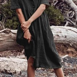 Levency Solid Button O Neck Midi Dress New In