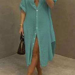 Levency Solid Color Round Neck Button Up Dress New In
