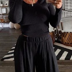 Levency New In Solid Crop Wide Leg Pants Set