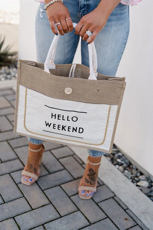 Levency HELLO WEEKEND Jute Tote Bag 1 Levency HELLO WEEKEND Jute Tote Bag
