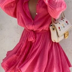 Levency New In Button O Neck Long Sleeve Shirt Mini Dress