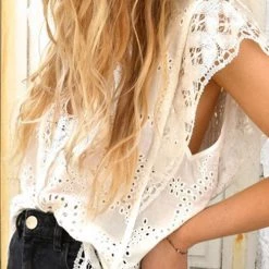 Levency Embroidered Eyelet Cap Sleeves Top