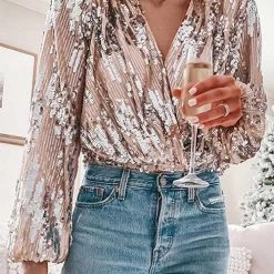 Levency Sequin V Neck Long Sleve Top