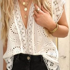 Levency Embroidered Eyelet Cap Sleeves Top