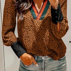Levency Leopard Patcwork V Necl Cuff Blouse New In