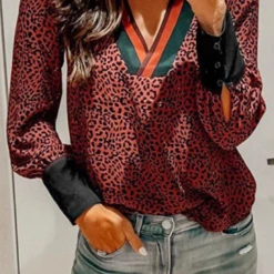 Levency Leopard Patcwork V Necl Cuff Blouse New In