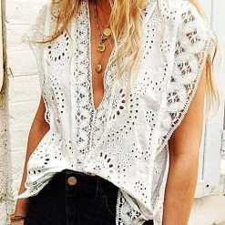 Levency Embroidered Eyelet Cap Sleeves Top