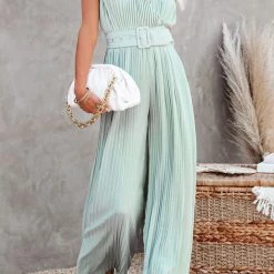 Levency New In Pleated V Neck Wide Leg Jumpsuit