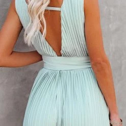 Levency New In Pleated V Neck Wide Leg Jumpsuit