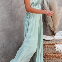 Levency New In Pleated V Neck Wide Leg Jumpsuit