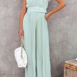 Levency New In Pleated V Neck Wide Leg Jumpsuit