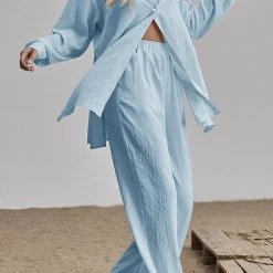 Levency Button Blouse Wide Leg Pants Set New In