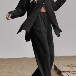 Levency Button Blouse Wide Leg Pants Set New In