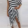 Levency New In One-shoulder Striped Irregular Midi Dress