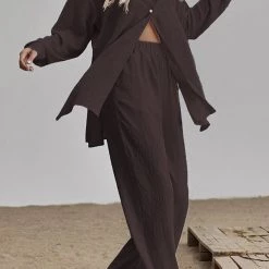 Levency Button Blouse Wide Leg Pants Set New In