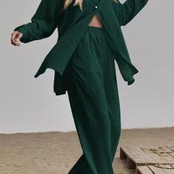 Levency Button Blouse Wide Leg Pants Set New In