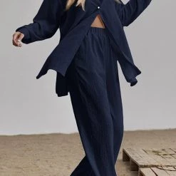 Levency Button Blouse Wide Leg Pants Set New In