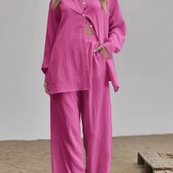 Levency Button Blouse Wide Leg Pants Set New In