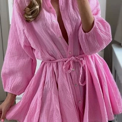 Levency New In Button O Neck Long Sleeve Shirt Mini Dress