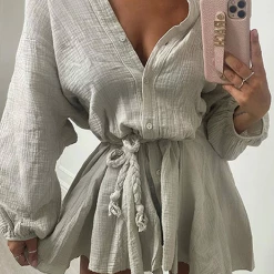Levency New In Button O Neck Long Sleeve Shirt Mini Dress