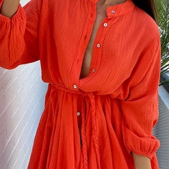 Levency New In Button O Neck Long Sleeve Shirt Mini Dress