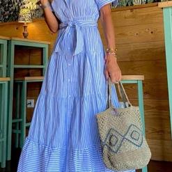 Levency New In Stripe Button Turndown Collar Bleted Cake Maxi Dresses