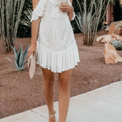 Levency New In Lace Pleated Long Sleeve Ruffle Dress