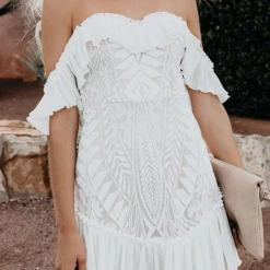 Levency New In Lace Pleated Long Sleeve Ruffle Dress