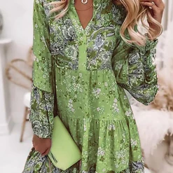 Levency Boho Print V Neck Long Sleeve Dress New In