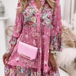 Levency Boho Print V Neck Long Sleeve Dress New In