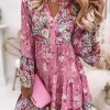 Levency Boho Print V Neck Long Sleeve Dress New In