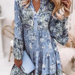 Levency Boho Print V Neck Long Sleeve Dress New In