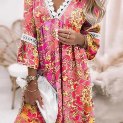 Levency Hollow Print V Neck Mini Dress